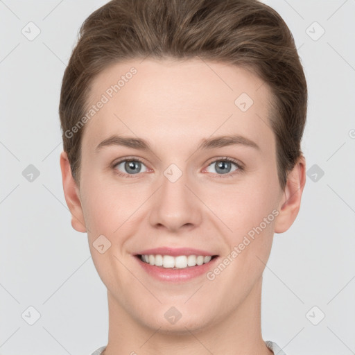 Joyful white young-adult female with short  brown hair and grey eyes