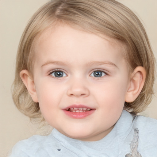 Joyful white child female with medium  brown hair and blue eyes