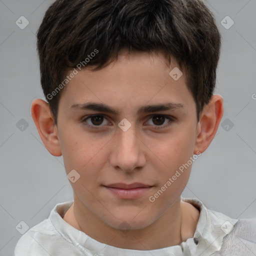 Joyful white child male with short  brown hair and brown eyes