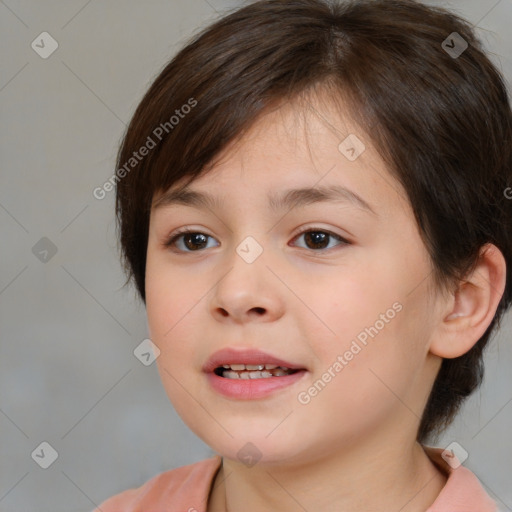 Joyful white child female with medium  brown hair and brown eyes