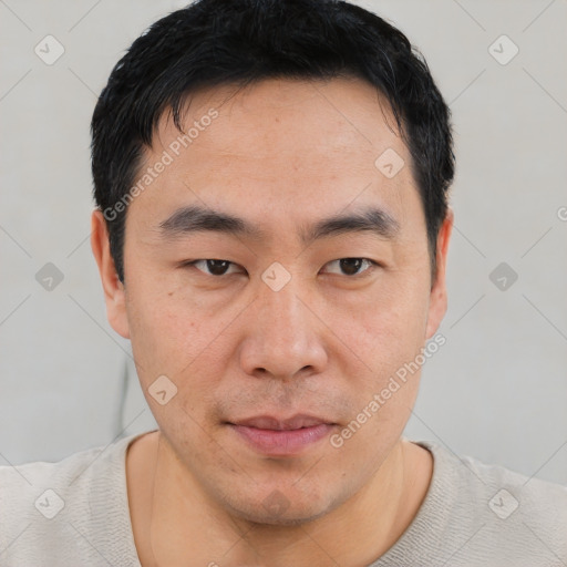 Neutral asian young-adult male with short  black hair and brown eyes