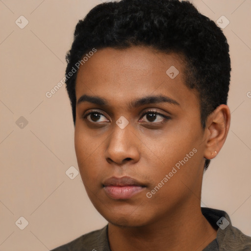 Neutral black young-adult male with short  black hair and brown eyes