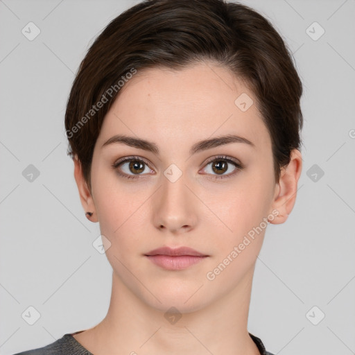 Neutral white young-adult female with short  brown hair and brown eyes