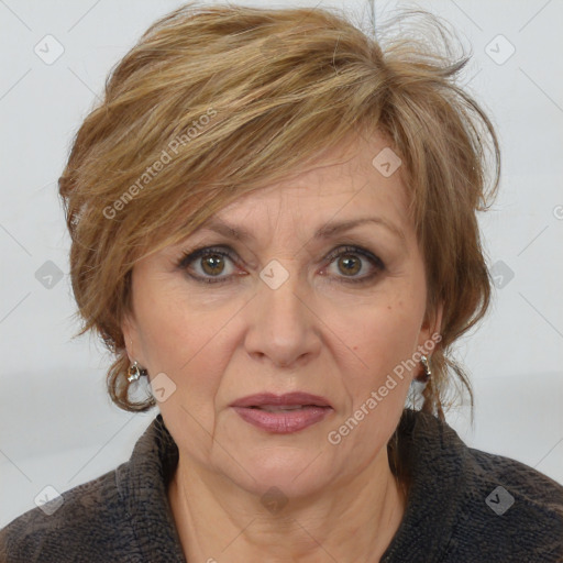 Joyful white adult female with medium  brown hair and brown eyes