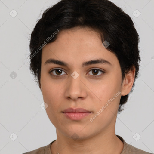 Neutral white young-adult female with short  brown hair and brown eyes