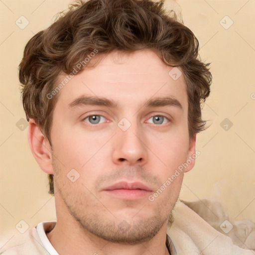 Neutral white young-adult male with short  brown hair and grey eyes