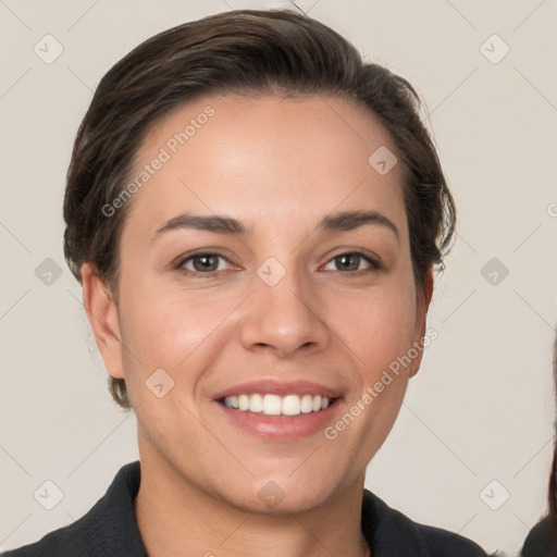 Joyful white young-adult female with short  brown hair and grey eyes