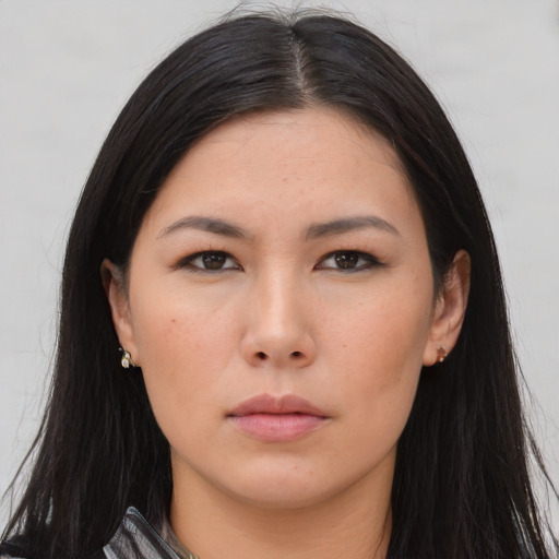 Neutral asian young-adult female with long  brown hair and brown eyes