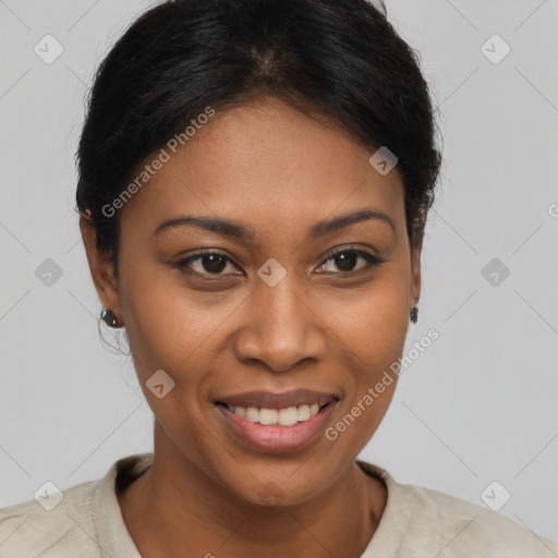 Joyful latino young-adult female with short  brown hair and brown eyes