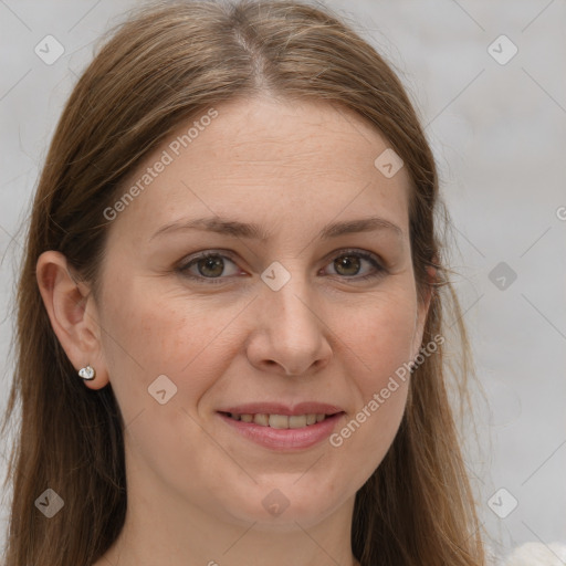 Joyful white young-adult female with long  brown hair and grey eyes