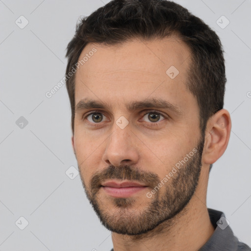 Neutral white adult male with short  brown hair and brown eyes