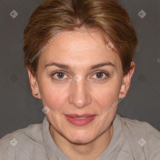 Joyful white adult female with short  brown hair and brown eyes