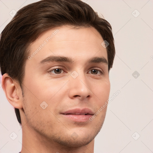 Neutral white young-adult male with short  brown hair and brown eyes