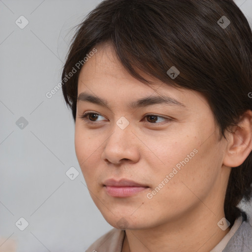 Neutral white young-adult female with medium  brown hair and brown eyes