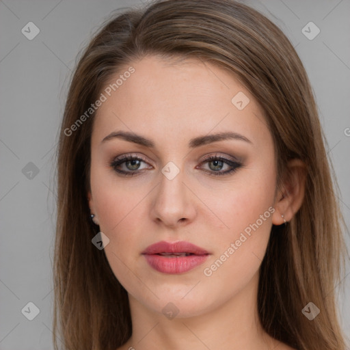 Neutral white young-adult female with long  brown hair and brown eyes