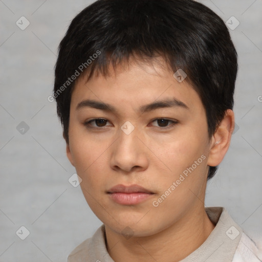 Neutral asian young-adult male with short  brown hair and brown eyes