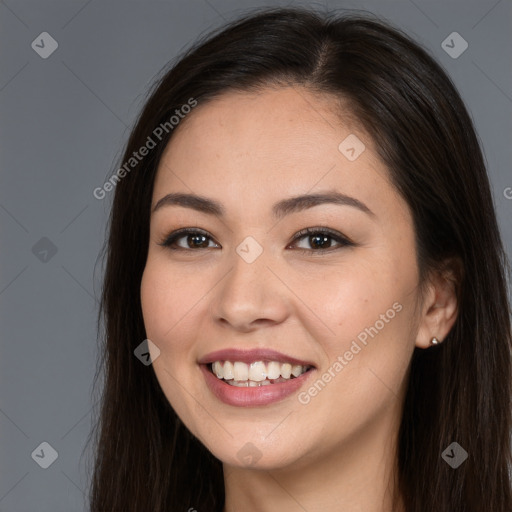 Joyful white young-adult female with long  brown hair and brown eyes