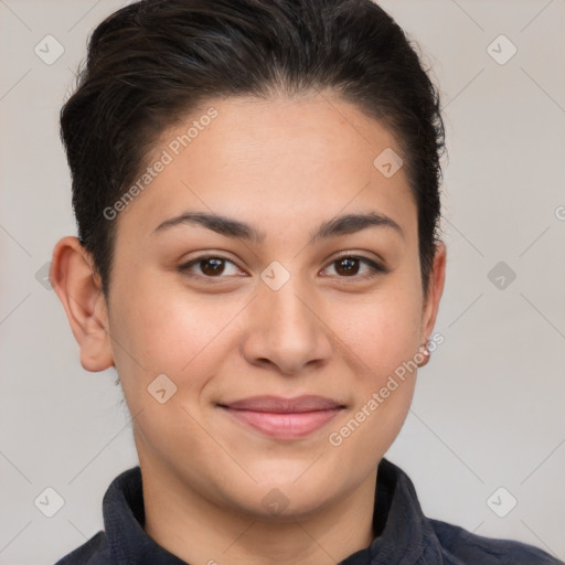 Joyful white young-adult female with short  brown hair and brown eyes