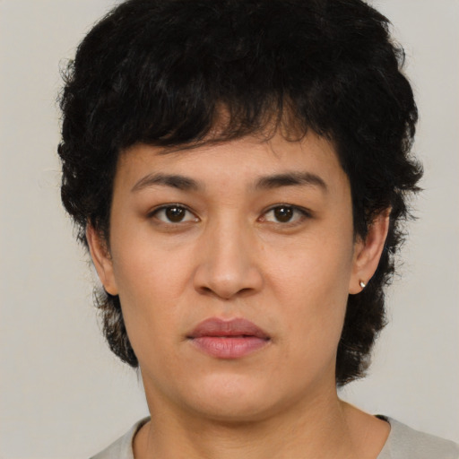 Neutral asian young-adult female with short  brown hair and brown eyes
