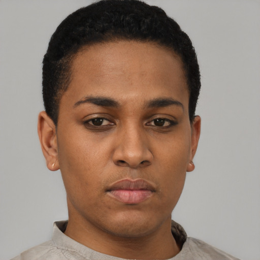 Neutral black young-adult female with short  black hair and brown eyes