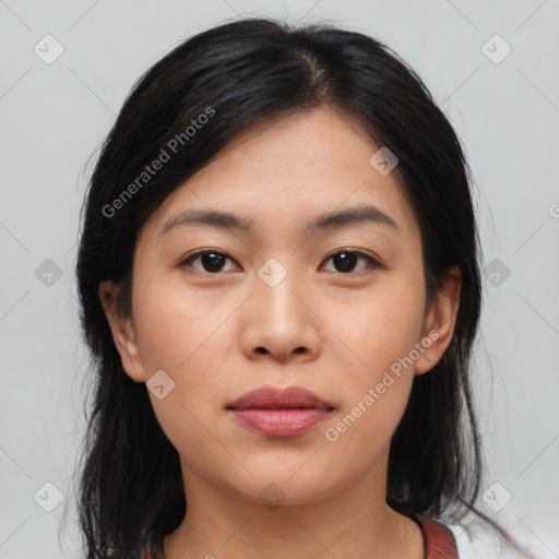 Neutral asian young-adult female with medium  brown hair and brown eyes