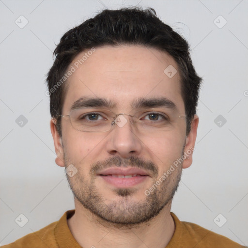 Neutral white young-adult male with short  brown hair and brown eyes