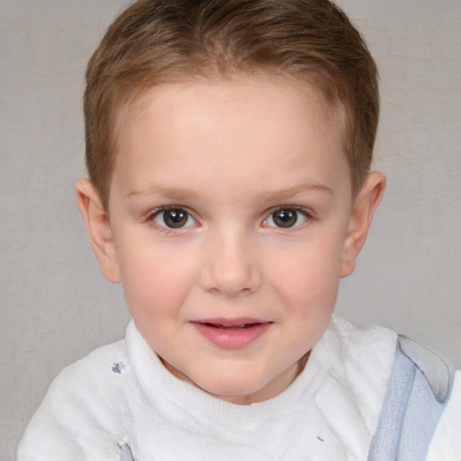 Joyful white child female with short  brown hair and brown eyes