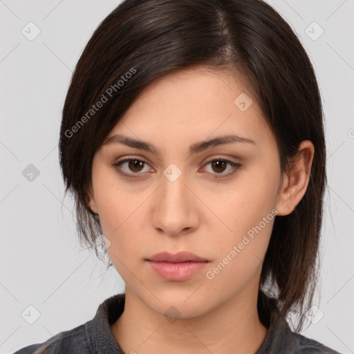 Neutral white young-adult female with medium  brown hair and brown eyes