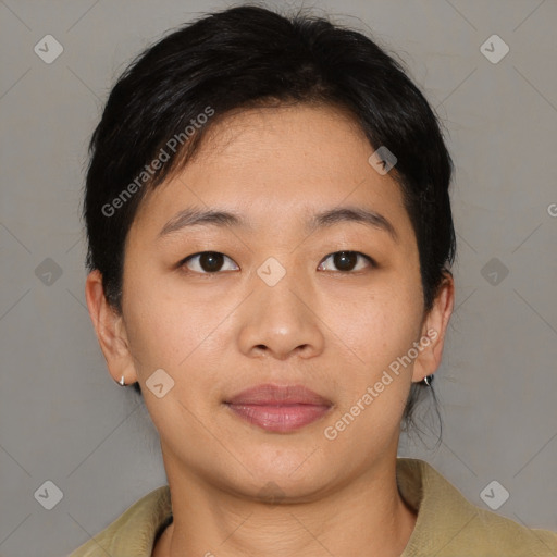 Joyful asian young-adult female with short  brown hair and brown eyes