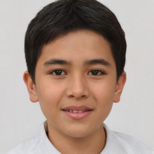 Joyful asian child male with short  brown hair and brown eyes