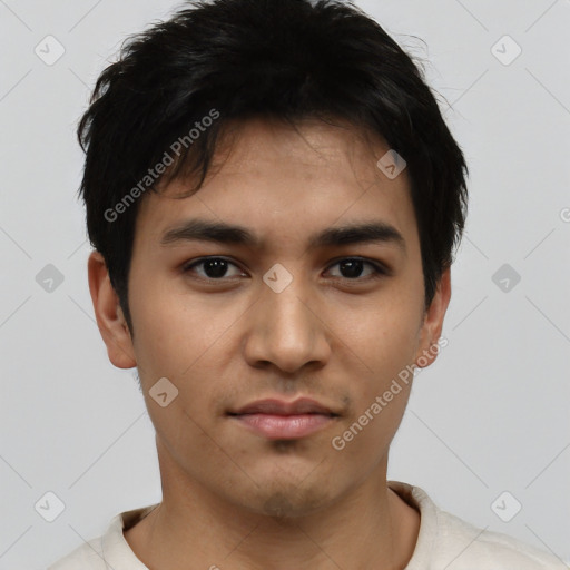 Neutral asian young-adult male with short  black hair and brown eyes