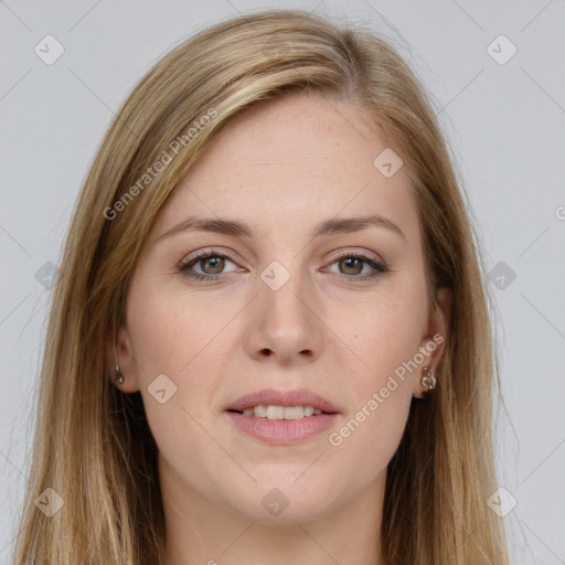 Joyful white young-adult female with long  brown hair and grey eyes