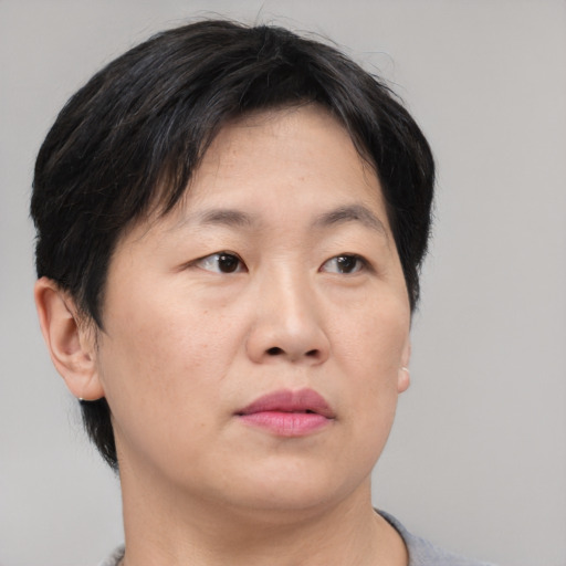 Neutral asian adult female with short  black hair and brown eyes