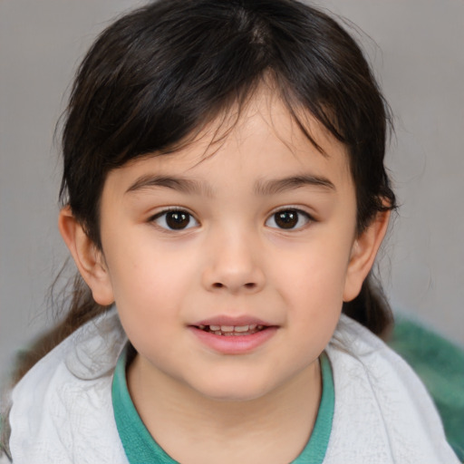 Joyful white child female with medium  brown hair and brown eyes