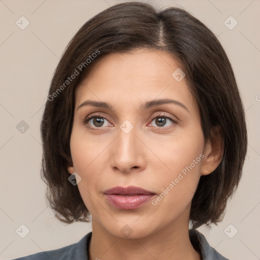 Neutral white young-adult female with medium  brown hair and brown eyes