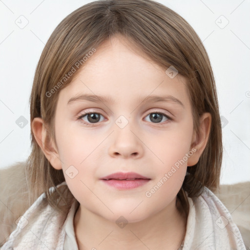 Neutral white child female with medium  brown hair and grey eyes