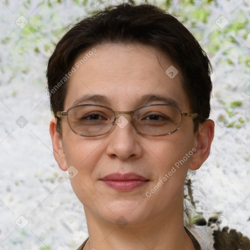 Joyful white adult female with short  brown hair and brown eyes