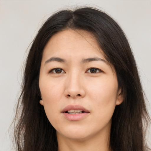 Neutral asian young-adult female with long  brown hair and brown eyes
