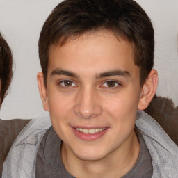 Joyful white young-adult male with medium  brown hair and brown eyes