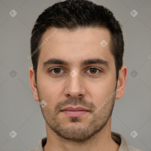 Neutral white young-adult male with short  brown hair and brown eyes