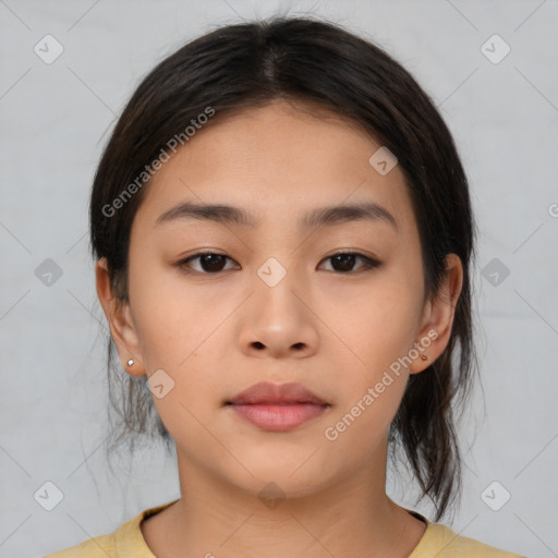 Neutral asian young-adult female with medium  brown hair and brown eyes