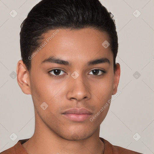 Neutral latino young-adult male with short  brown hair and brown eyes