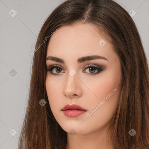 Neutral white young-adult female with long  brown hair and brown eyes