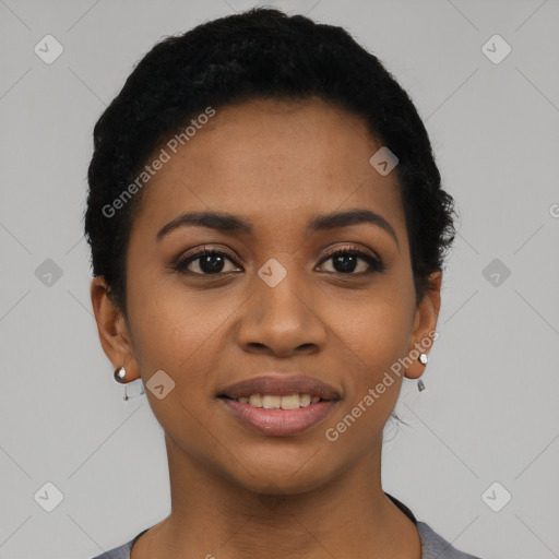 Joyful latino young-adult female with short  black hair and brown eyes