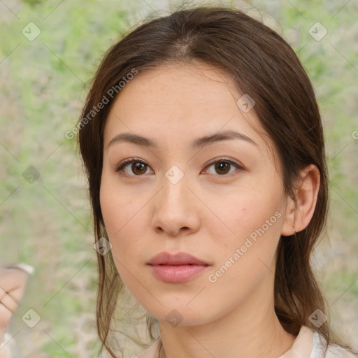 Neutral white young-adult female with medium  brown hair and brown eyes