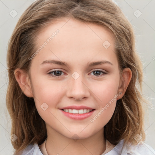 Joyful white child female with medium  brown hair and brown eyes