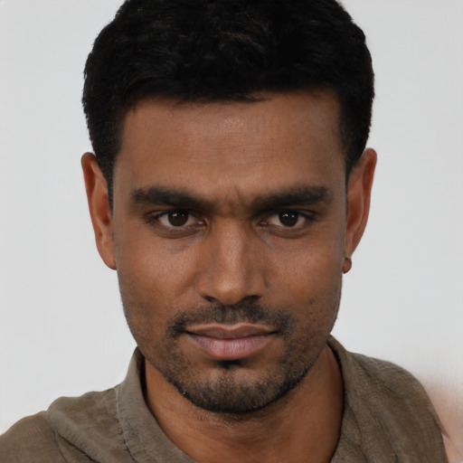 Neutral black young-adult male with short  black hair and brown eyes