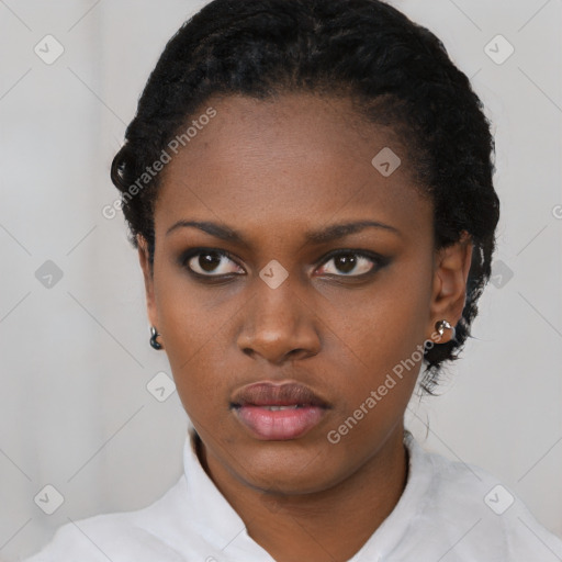 Neutral latino young-adult female with short  black hair and brown eyes