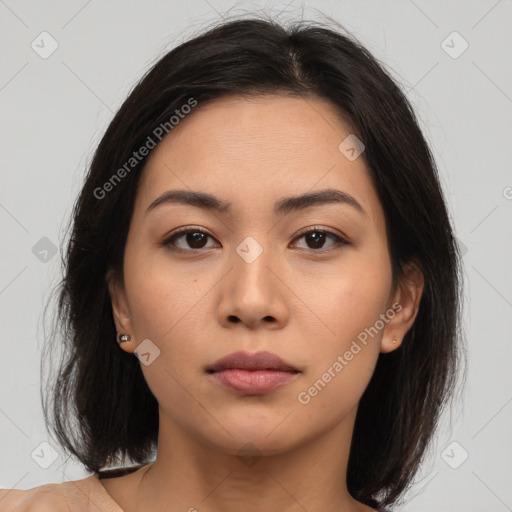 Neutral asian young-adult female with medium  brown hair and brown eyes