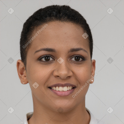 Joyful latino young-adult female with short  brown hair and brown eyes